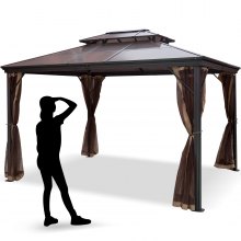 VEVOR Patio Gazebo 10x12ft Hardtop Gazebo Gazebo with Mosquito Netting Outdoor Gazebo Patio Tent Garden Winds Replacement Canopy Double Tier Roof Canopy Gazebos For Patios Garden Home Lawn Brown