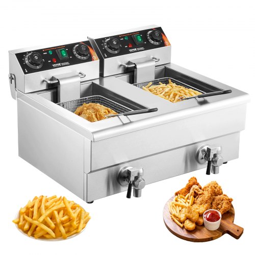 

VEVOR Commercial Electric Deep Fryer, 24L 3000W Dual Removable Basket, Stainless Steel Electric Countertop Fryer with Time Control and Oil Filtration, Deep Fryer for Commercial Restaurant Use, Silver