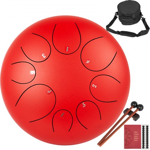 8" (20cm) 8 Notes Steel Tongue Drum, Steel Pan Drum, Percussion Instrument, Red