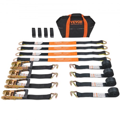 VEVOR Ratchet Tie Down Straps (4PK), 11128 lb Break Strength, Double J Hook Includes 4 Premium 2 x 8 Rachet Tie Downs with Padded Handles, for Moving Securing Cargo, Appliances, Lawn Equipment
