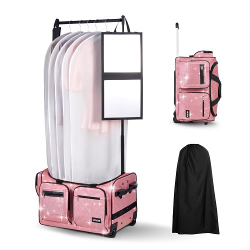 

VEVOR Dance Bag with Garment Rack, 23 Inch Rolling Dance Duffel, with Wheels, USB Port, Height Adjustable Clothes Rack, Privacy Protection Curtain, Ideal for Travel and Competitions, Sparkling Pink