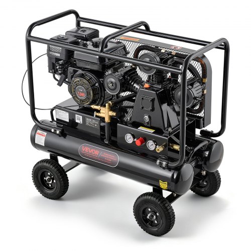 VEVOR 9 Gallon Twin-Tank Gas Powered Air Compressor, 7HP 6.2CFM at 90PSI Gas-Driven Air Compression System with Three-Cylinder Piston Pump, 115 PSI Max Pressure & 4 Wheels for Workshops (4.5 Gal x 2)