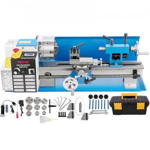 

VEVOR Compact Metal Lathe, 7"x14", Desktop Metalworking Lathe, 550W, Adjustable Speed up to 2250 RPM, Includes 3-jaw Chuck and Digital Display, Precision Crafting Lathe with Tool Box for Metalworki
