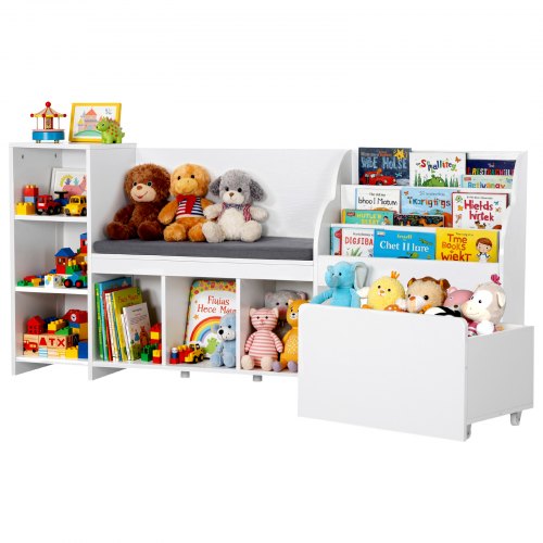 

VEVOR Kids Reading Nook, Wooden Storage Bench with Backrest, Kids Bookshelf & Toy Organizer, Large Toy Box Chest for Playroom, Living Room or Entryway, Easy Assembly, 66.9 x 15.8 x 31.5 in, White
