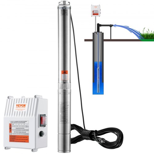 VEVOR Tiefbrunnen-Tauchpumpe, 1500 W, 230 V, 50 Hz, 9,8 m³/h, 108 m Förderhöhe, mit 19,4 m Kabel und externer Steuerbox, Edelstahl-Wasserpumpen für Industrie, Bewässerung und Heimgebrauch, IP68 wasserdicht