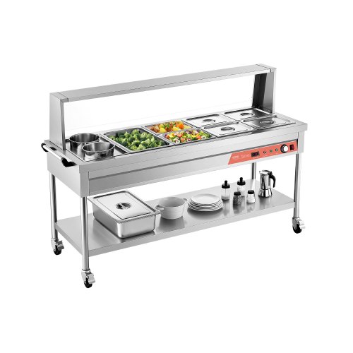 

Commercial Food Warmer 7 Pans + 2 Pots Steam Table with Undershelf Shield