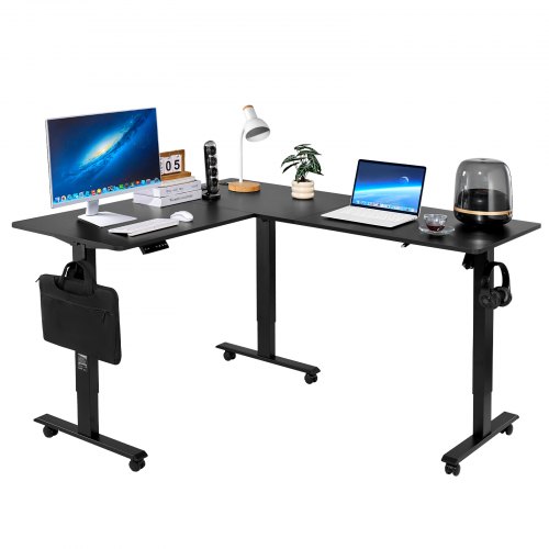 

VEVOR L Shaped Desk, Electric Adjustable Height Corner Gaming Desk with Dual Hooks and Wheels, Heavy Duty Carbon Steel L-Shaped Computer Table with Power Strip for Home Office, Easy to Assemble, Black