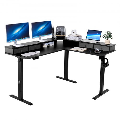 

VEVOR L Shaped Desk, Electric Adjustable Height Corner Gaming Desk with CPU Stands, Dual Hooks and Fabric Drawers, L-Shaped Computer Table with Power Strip for Home Office, Easy to Assemble, Black