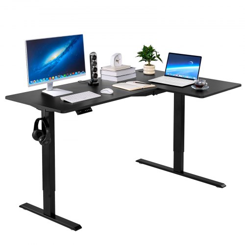 

VEVOR L Shaped Desk, Electric Adjustable Height Corner Gaming Desk with Dual Hooks, Heavy Duty Carbon Steel L-Shaped Computer Table with Power Strip for Home, Office, Dorm, Easy to Assemble, Black