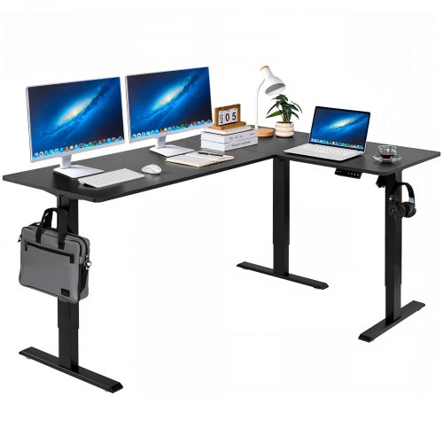 

VEVOR L Shaped Desk, Electric Adjustable Height Corner Gaming Desk with Dual Hooks, Heavy Duty Carbon Steel L-Shaped Computer Table with Power Outlets for Home and Office, Easy to Assemble, Black