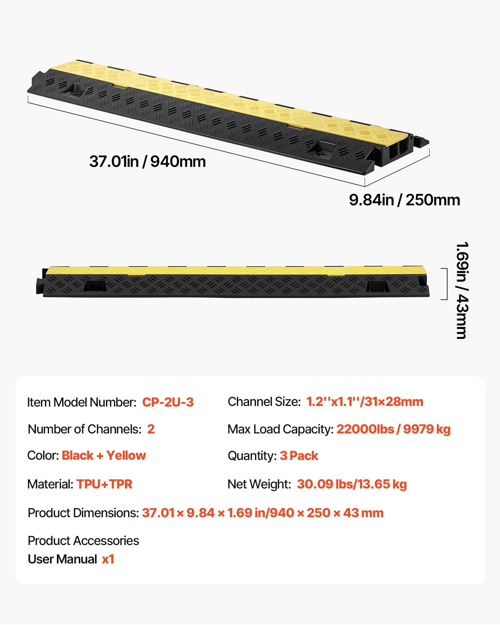 VEVORi kaablikaitse kaldtee, 9,979 kg, 31 x 28 mm, 3 tk