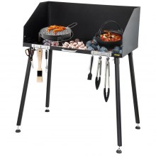 VEVOR Carbon Steel Camp Cooking Table 38 x 16 Inch with Three-Sided Windscreen and Legs for Outdoor Food Preparation and Dutch Oven