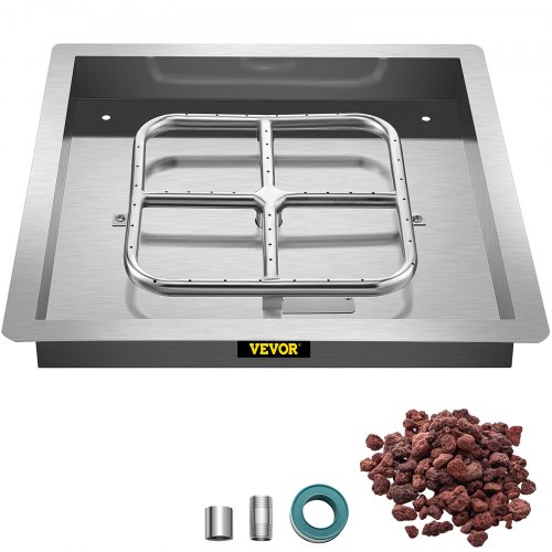 VEVOR Drop in Fire Pit Pan, 18" x 18" Square Fire Pit Burner, Stainless Steel Gas Fire Pan, Fire Pit Burner Pan w/ 1 Pack Volcanic Rock Fire Pit Insert w/ 90K BTU for Keeping Warm w/ Family & Friends