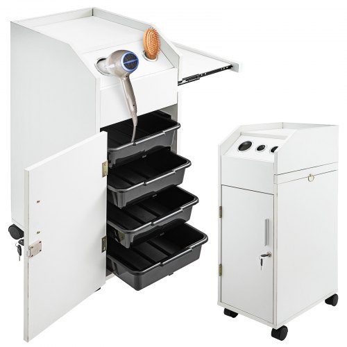 

VEVOR Salon SPA Beauty Hairdressing Cart White Storage Trolley with 4 Drawers Rolling Wheels Lockable 2 Keys with Hairdryer Holder Space-Saving Side Tray