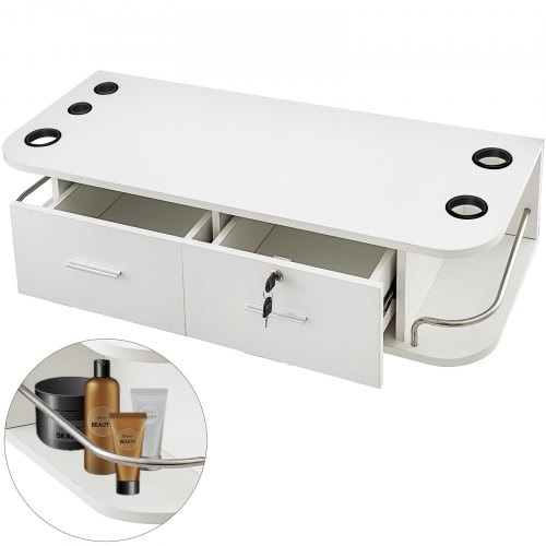 VEVOR White Wall Mount Styling Station Classic Locking 2 Drawers Storage Beauty Salon Equipment 5 Hair Dryer Holes Locking Cabinet for Beauty Salon or SPA, Barber Shop, Home & Bathroom