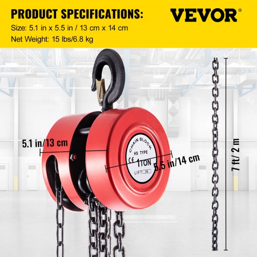 VEVOR 1Ton Chain Hoist Puller Block 2200lbs Capacity 7FT Lift Steel Hardened Red 