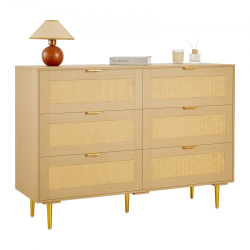 

VEVOR 6 Drawer Rattan Dresser, Double Dresser for Bedroom, Natural Rattan Chest of Drawers with Metal Handles & Legs, Modern Wood Chest Clothing Organizer & Storage for Bedroom, Living Room, Hallway