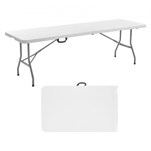 VEVOR Folding Table, 8 Ft Heavy Duty Portable Fold-in-Half Utility Table, Indoor Outdoor Plastic Rectangle Table with Built in Handle, for Party, Dining, Wedding, Events, Picnic, Camping, White