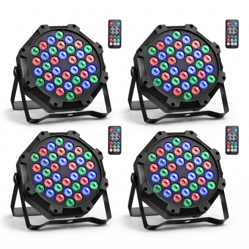 VEVOR LED Par Lights, 4 Pack 36 LED RGB Stage Lights Uplight Stage Lighting, for DJ, Event, Music Party, Wedding, Bar, Church, Remote & DMX Control, Sound Activated, 6 Lighting Effects, Carry Handle