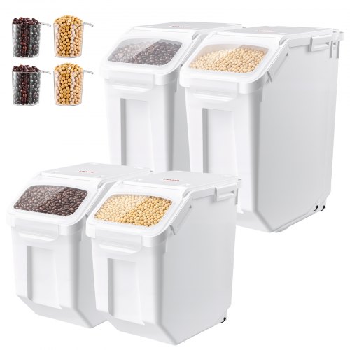 VEVOR Rice Storage Container 4 Pack 24lbs/3.96Gal x 2 + 32lbs/5.28Gal x 2, for Kitchen Pantry, 15Lx2 + 20Lx2 Dog Food Dispenser, Grain Cereal Flour Ingredient Storage Bin, Measuring Cup, Airtight Lid