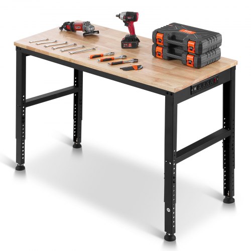 VEVOR Workbench Adjustable Height, 48"" L X 20"" W X 38.1"" H Garage Table w/ 28.3"" - 38.1"" Heights & 2000 LBS Load Capacity, with Power Outlets & Hardwo