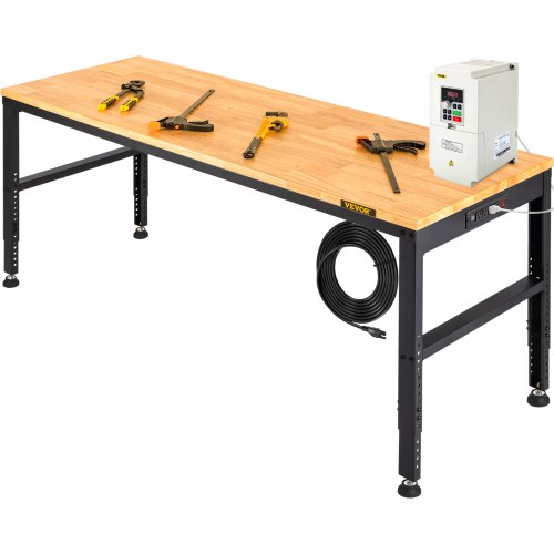 

VEVOR Workbench Adjustable Height, 61" x 20" Garage Table w/ 27.1" - 36" Heights & 2000 LBS Load Capacity, with Power Outlets & Hardwood Top & Metal Frame & Foot Pads, for Workshop Office Home