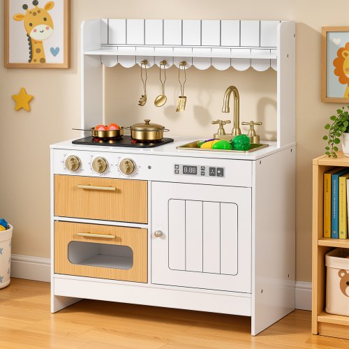 VEVOR Play Kitchen for Kids, Wooden, Kids Kitchen Playset with Real Lights & Sounds, Food & Cookware Accessories, Pretend Play Toy Set, Sink, Oven, Stove, Cabinet, for Toddlers, Girls & Boys Ages 3-8