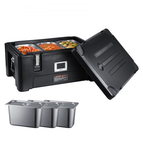 VEVOR Insulated Food Pan Carrier, 36Qt Capacity, Stackable Catering Hot Box with 3 Stainless Steel Pans, Top Load LLDPE Food Warmer with Elastic Side