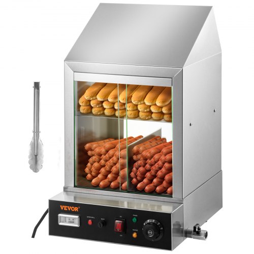 VEVOR 1200W Commercial Hot Dog Steamer 2 Tier Electric Bun Warmer w/ Slide Doors