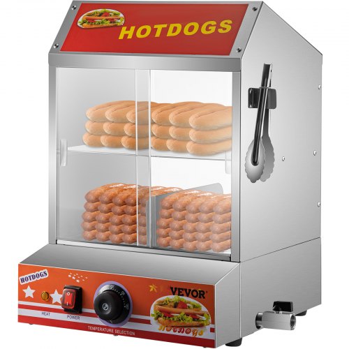 VEVOR Hot Dog Steamer, 2-Tier Hut Steamer for 175 Hot Dogs & 40 Buns, Stainless Steel Hot Dog Steamer with Bun Warmer, Electric Bun Warmer Cooker with Tempered Glass Slide Doors, Partition Plate, Tong