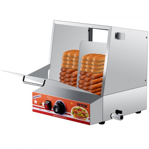 VEVOR Hot Dog Steamer, Classic Hot Dog Hut Steamer for 96 Hot Dogs & 30 Buns, Stainless Steel Hot Dog Steamer with Bun Warmer, Electric Bun Warmer Cooker with Drop Down Door, Partition Plate, Tong