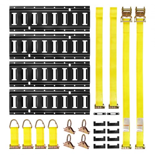 

VEVOR E-Track Tie-Down Rail Kit, 4 Pack 0.4 m E Tracks Set, 21 Pcs Includes 2 Ratchet Straps & 4 O-Rings & 4 Tie-Offs with D-Ring & 2 Single Slots & 8 End Caps & 1 Bag, Fit for Garages Vans Trailers