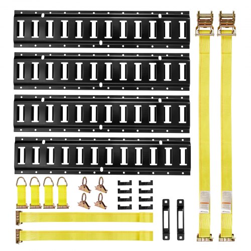 VEVOR E-Track Tie-Down Rail Kit, 4 Pack 2 ft E Track Rails, 20 Pcs Includes 2 Ratchet Straps & 4 O-Rings & 4 Tie-Offs with D-Ring & 2 Single Slots & 8 End Caps, Fit for Garages Vans Trailers