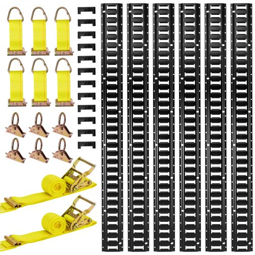 

VEVOR E-Track Tie-Down Rail Kit, 6 Pack 5 ft E Track Rails, 26 Pcs Includes 2 Ratchet Straps & 6 O-Rings & 6 Tie-Offs with D-Ring & 12 End Caps, Fit for Garages Vans Trailers Motorcycles