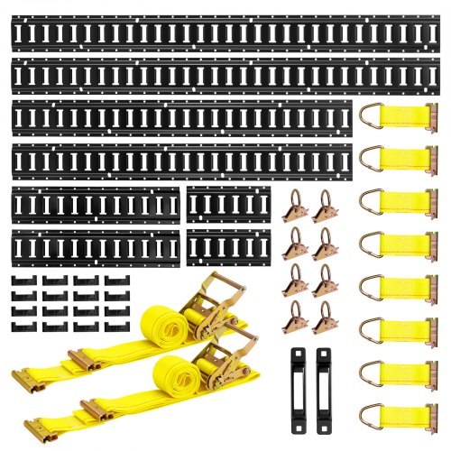 

VEVOR E-Track Tie-Down Rail Kit, 8 Pack (1.5m+1.2m+0.6m+0.3m) E Track Rails, 36 Pcs Includes 2 Ratchet Straps & 8 O-Rings & 8 Tie-Offs with D-Ring & 2 Single Slots & 16 End Caps, Fit for Vans Trailers