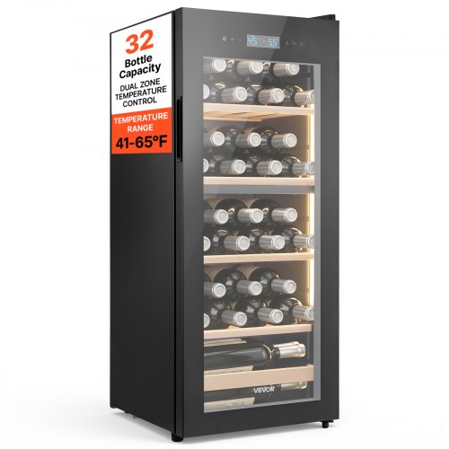 

VEVOR 32 Bottle Wine Fridge, Freestanding Wine Cooler Refrigerator, Dual Zone Cooler, 41℉ to 65℉ Adjustable Temp Mini Cellar, Glass Door, For Home Office Bar, Red White Champagne or Sparkling Wines