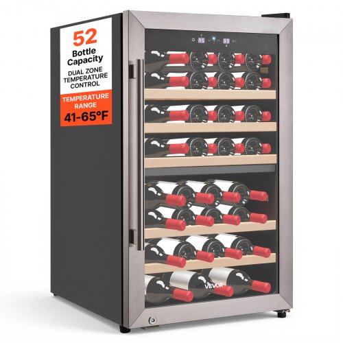 

VEVOR 52 Bottle Wine Fridge, Freestanding Wine Cooler Refrigerator, Dual Zone Cooler, 41℉ to 65℉ Adjustable Temp Mini Cellar, Glass Door, For Home Office Bar, Red White Champagne or Sparkling Wines