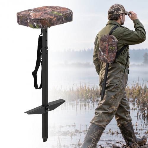 VEVOR Marsh Seat, 25.6-37 in Adjustable Duck Hunting Seat, 300 lb Capacity, Waterfowl Mud Seat for Wetlands & Swamps, 2 Large Mud Plates, Lightweight Aluminum Frame, 600D Camo Fabric & Shoulder Strap