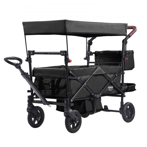 

VEVOR Wagon Stroller for 2 Kids, Push Pull Quad Collapsible Stroller with Adjustable Handle, Encircling Harness Removable Canopy, 4 Wheels with Brakes, Mutifunction Tandem Stroller for Camping Black