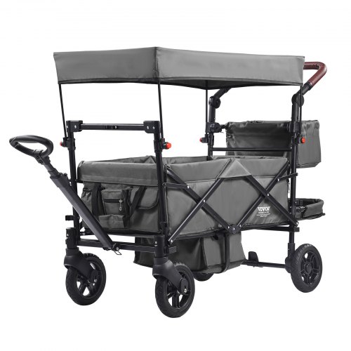 VEVOR Wagon Stroller for 2 Kids, Push Pull Quad Collapsible Stroller with Adjustable Handle, Encircling Harness Removable Canopy, 4 Wheels w/ Brakes,