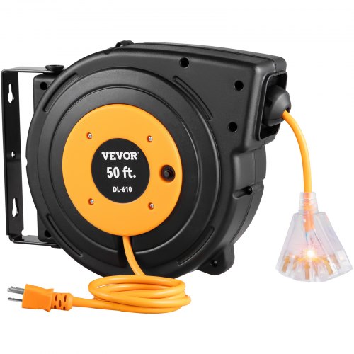 

Tuspuzz Retractable Extension Reel, 50 FT Heavy Duty 14AWG/3C SJTOW Power Cord with Lighted Triple Tap Outlet, 13 Amp Circuit Breaker, 180° Swivel Bracket for Ceiling or Wall Tested to UL Standards