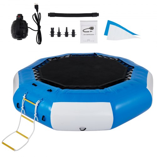 Vevor Inflatable Water Trampoline, 13ft Recreational Water Bouncer with Escalator, Round Inflatable Water Trampoline in Blue and White, Floating Trampoline for Lakes, Pools, Calm Sea
