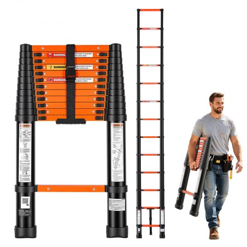 VEVOR Telescoping Ladder, 12.5 ft Extension Ladder Multi-Button Retraction, Heavy-Duty 330 lbs Capacity, for Home Repairs, Painting, Window Cleaning and RV, Aluminum, Anti-Slip Steps, Orange & Black
