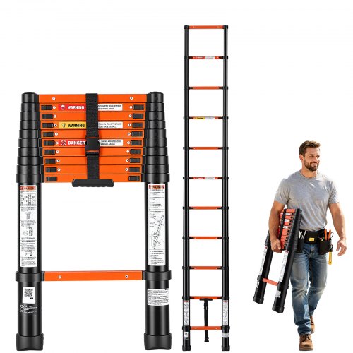 Vevor Telescoping Ladder, 10.5 ft Extension Ladder Multi-Button Retraction, Heavy-Duty 330 lbs Capacity, for Home Repairs, Painting, Window Cleaning and RV, Aluminum, Anti-Slip Steps, Orange & Black