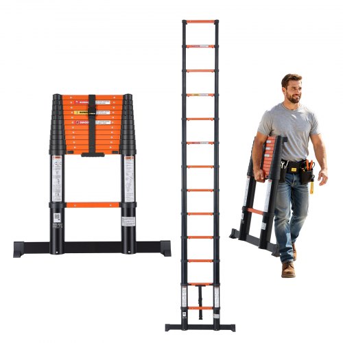 VEVOR Telescoping Ladder, 380 cm Extension Ladder One-Button Retraction, Heavy-Duty 150 kg Capacity, for Home Repairs, Painting, Window Cleaning and R
