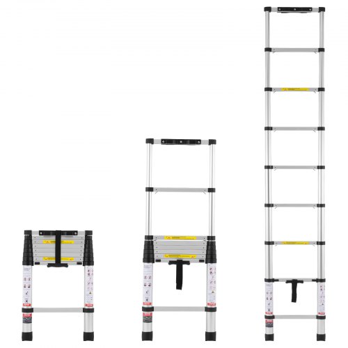 

VEVOR Telescoping Ladder, 8.5FT Aluminum Lightweight Extension Ladder, One-button Retraction Collapsible Ladder, 375 LBS Capacity with Non-slip Feet, Portable Compact Ladders for Home, RV, Loft