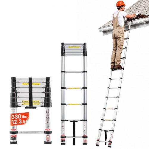 VEVOR 12.5ft Telescoping Ladder, Aluminum Lightweight Multi-Purpose Collapsible Extension, One-Touch Retraction Ladder, Heavy Duty 330LBS Max Capacity with Non-Slip Feet, for Home, Outdoor Work, Loft
