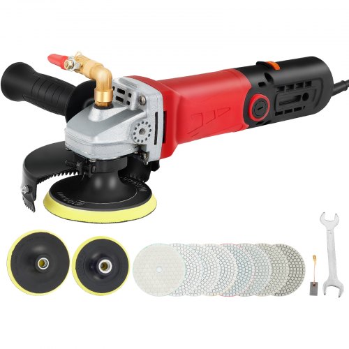 VEVOR Wet Polisher Grinder, Variable Speed 8 pcs Kit, Extra 10.2 cm & 12.7 cm Diamond Polishing Pads , Buffing Machine w 149.9 cm Pipe Adapter & Splash Shield, Concrete Stone Tool for Granite/Marble Countertop CE