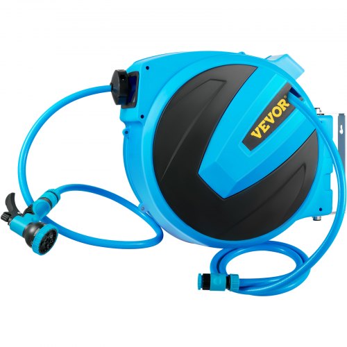VEVOR Retractable Hose Reel, 1/2 inch x 85 ft, Any Length Lock & Automatic Rewind Water Hose, Wall-Mounted, 180° Swivel Bracket and 7 Pattern Hose Nozzle, Blue