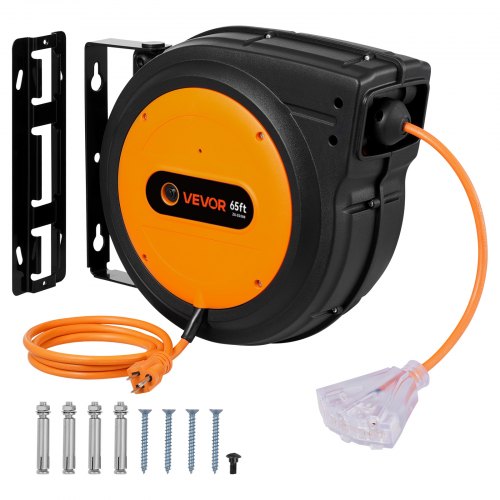 VEVOR Retractable Extension Cord Reel, 65 FT, Heavy Duty 12AWG/3C SJTOW Retractable Power Cord with Lighted Triple Tap Outlet, 15 Amp Circuit Breaker 180° Swivel Bracket for Ceiling or Wall Mount